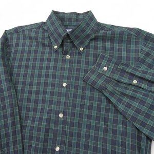 Lands End Mens Button Down Shirt S 14.5 Long Green Black Watch Plaid Cotton